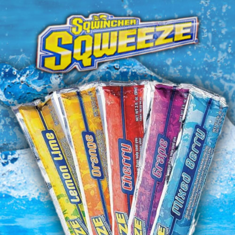 Sqwincher Sqweeze surtido de sabores alineados mostrando variedad y opciones de gusto