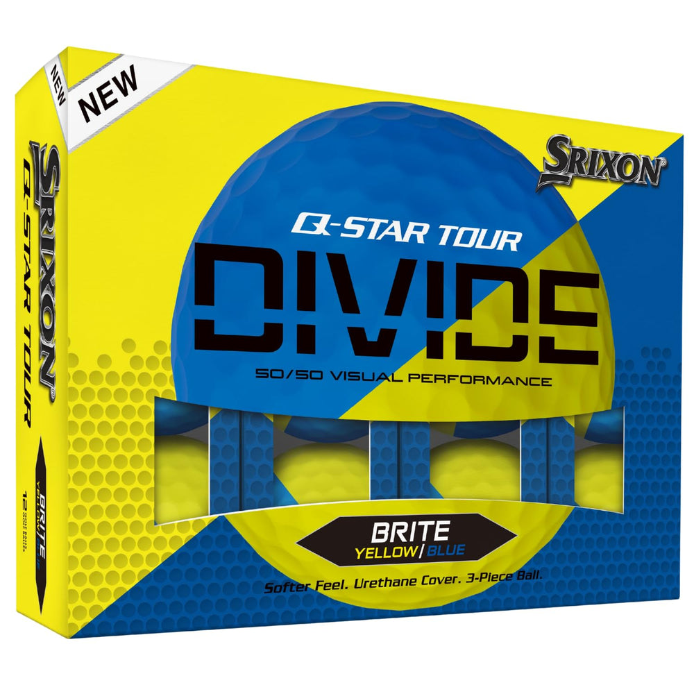Srixon Q-Star Tour Divide frontal del empaque con colores visibles y protección