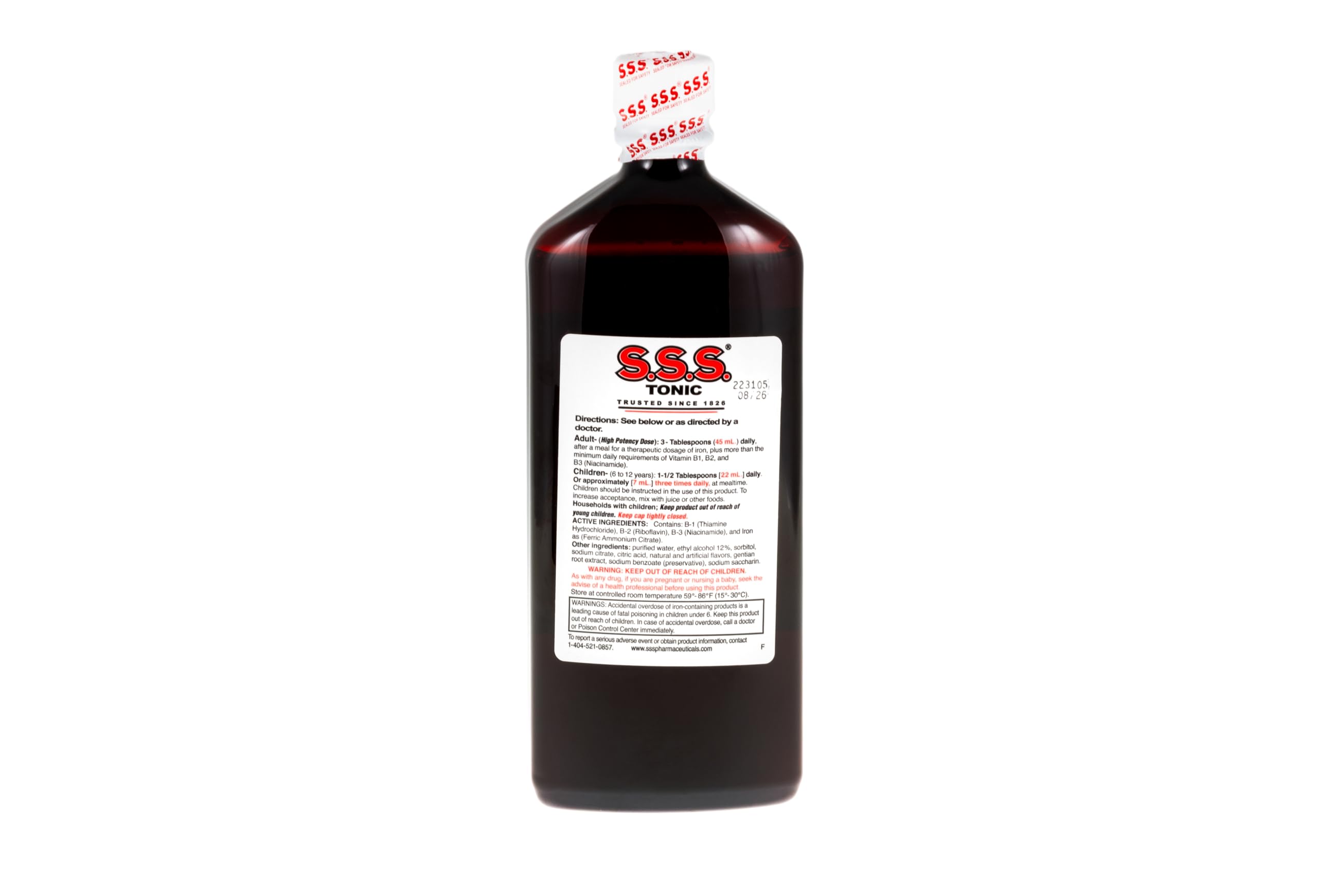 S.S.S. Tonic etiqueta con lista de ingredientes y vitaminas B para lectura rápida