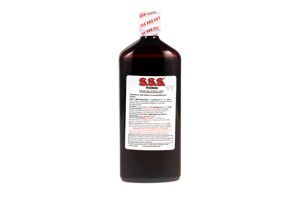 S.S.S. Tonic etiqueta con lista de ingredientes y vitaminas B para lectura rápida