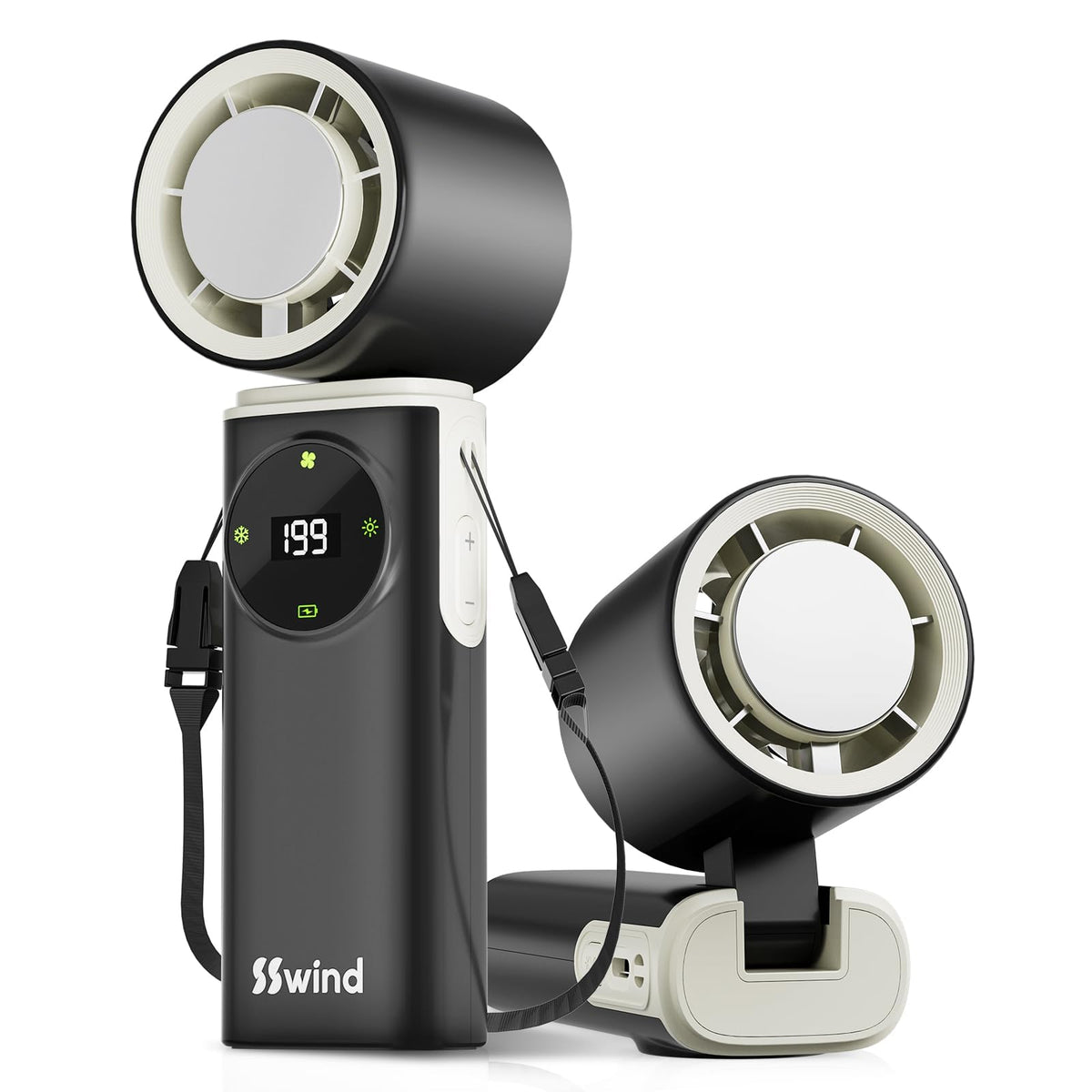 SSWind vista frontal del ventilador portátil mostrando diseño compacto y beneficios de enfriamiento