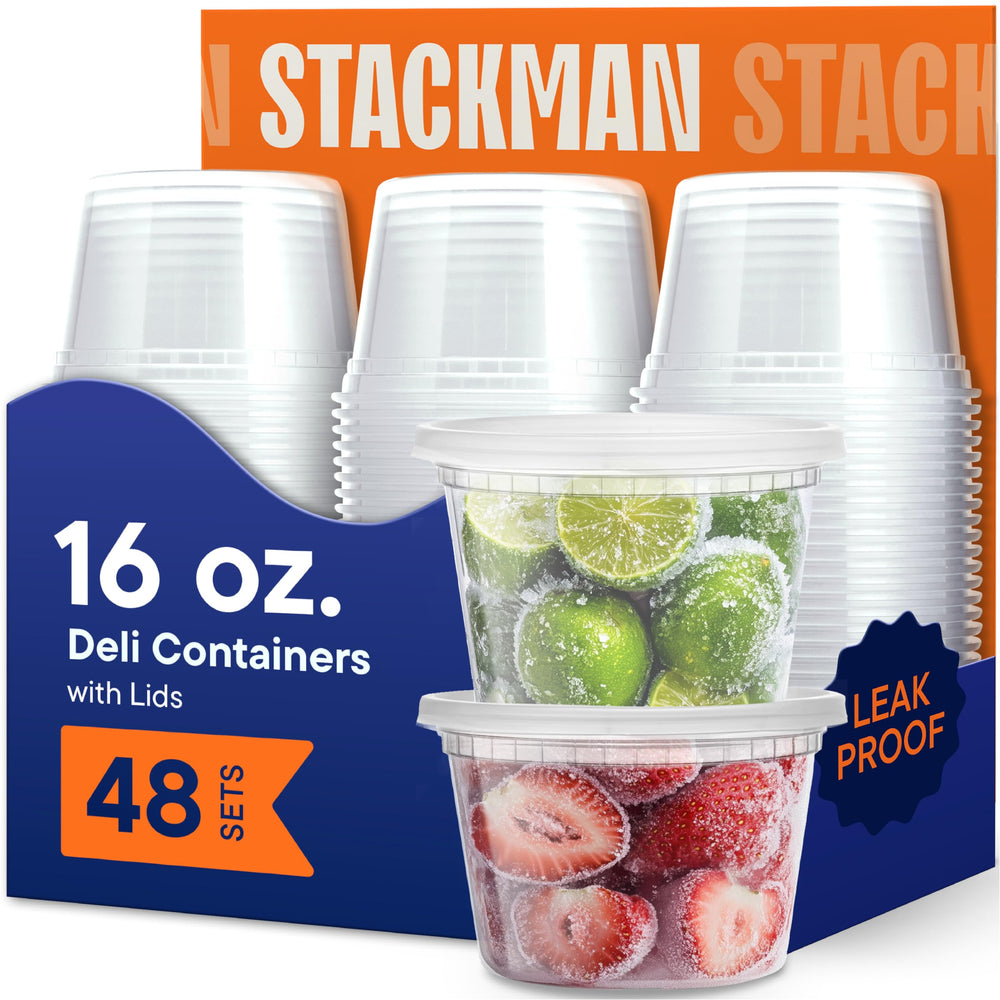 Stack Man contenedor frontal transparente mostrando cierre y capacidad útil