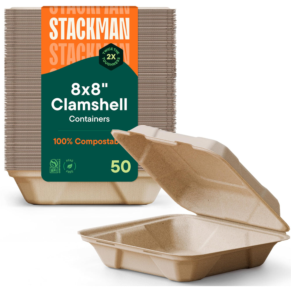 Stack Man vista frontal del clamshell resistente y compostable