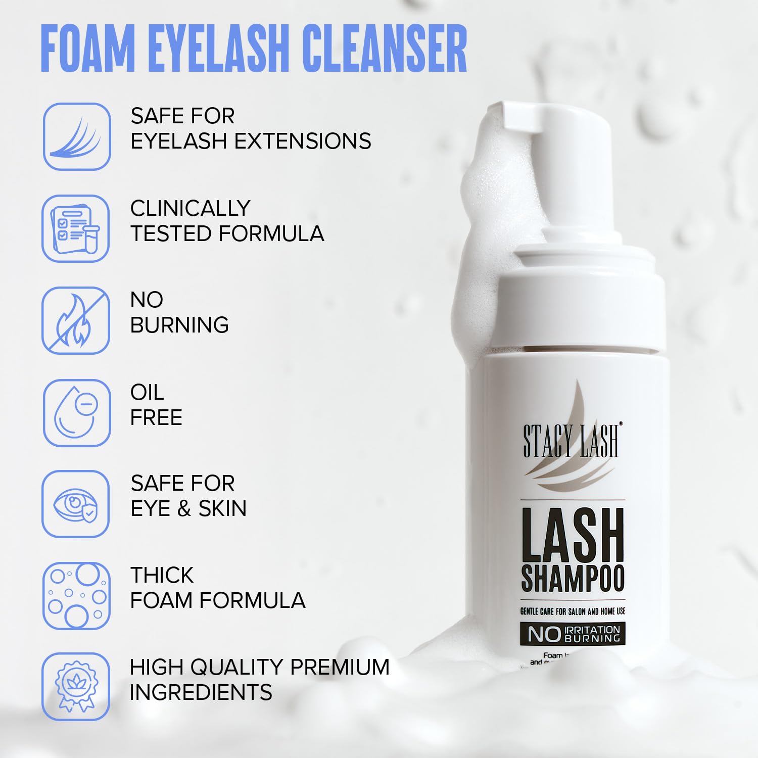 STACY LASH producto en uso sobre pestañas con limpieza delicada