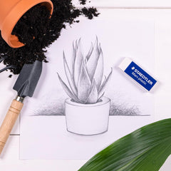 STAEDTLER Mars Plastic comparación de tamaño junto a lápiz para referencia de escala
