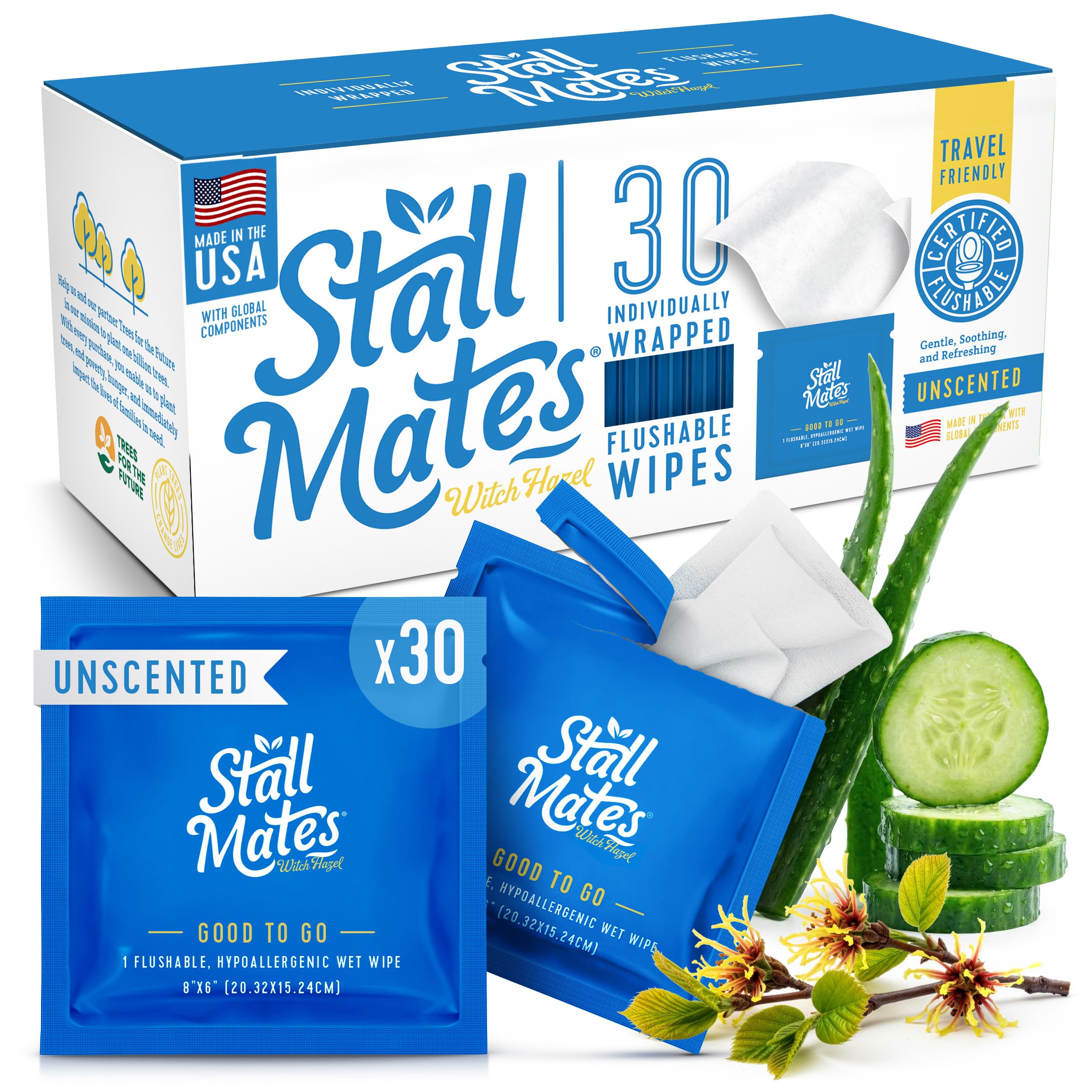 Stall Mates envase delantero mostrando 30 toallitas y beneficio flushable