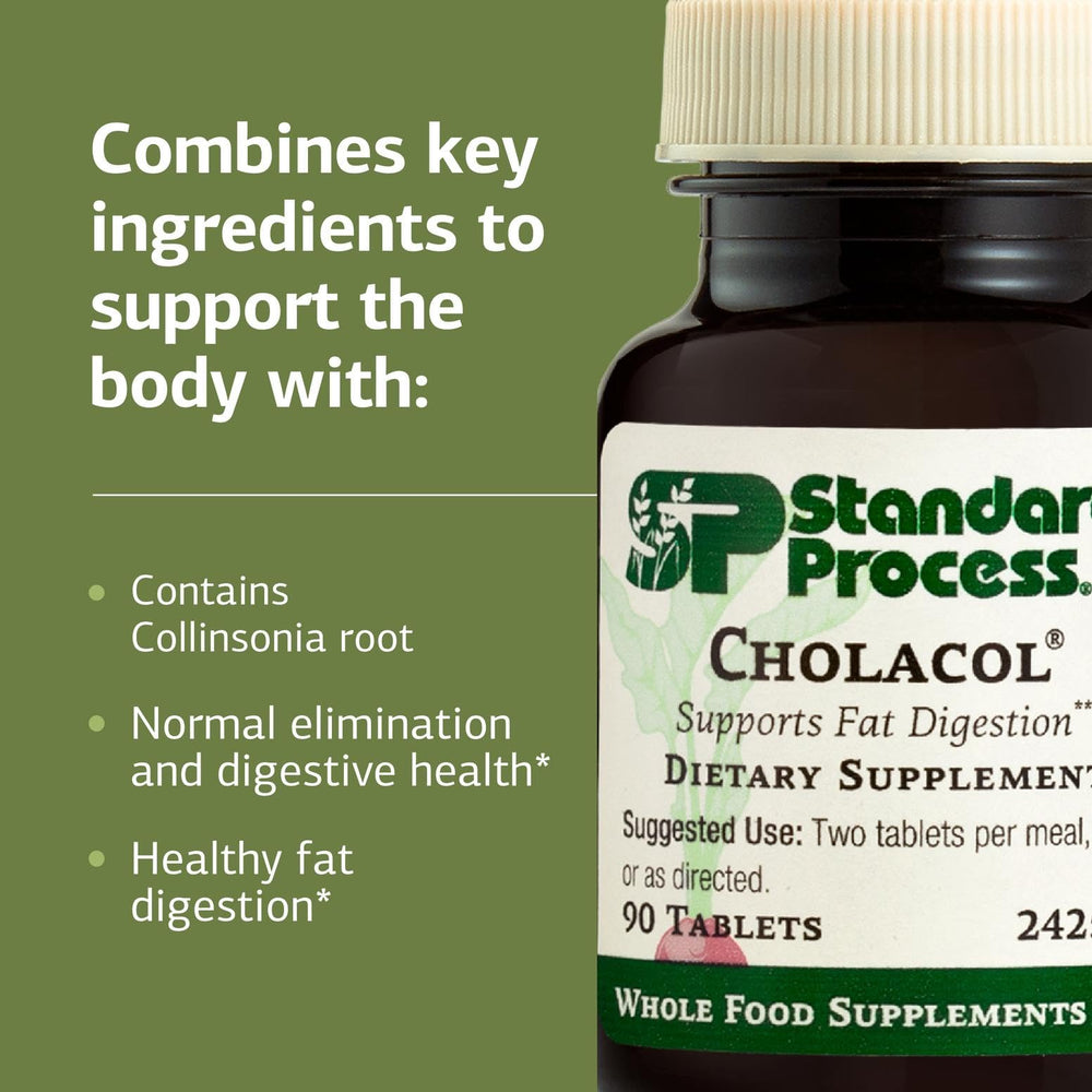 Standard Process Cholacol tablet held in hand showing scale and suggested dosing benefit