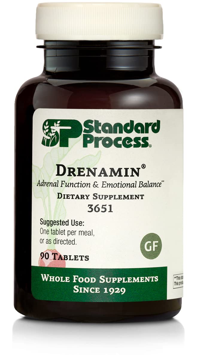 Standard Process Drenamin frasco frontal mostrando 90 tabletas y claridad informativa