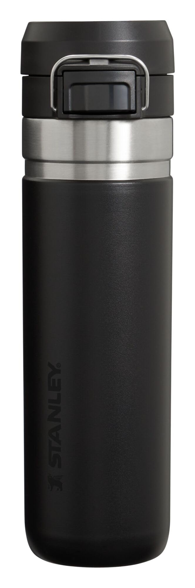STANLEY botella Quick Flip GO frente mostrando diseño negro y durabilidad