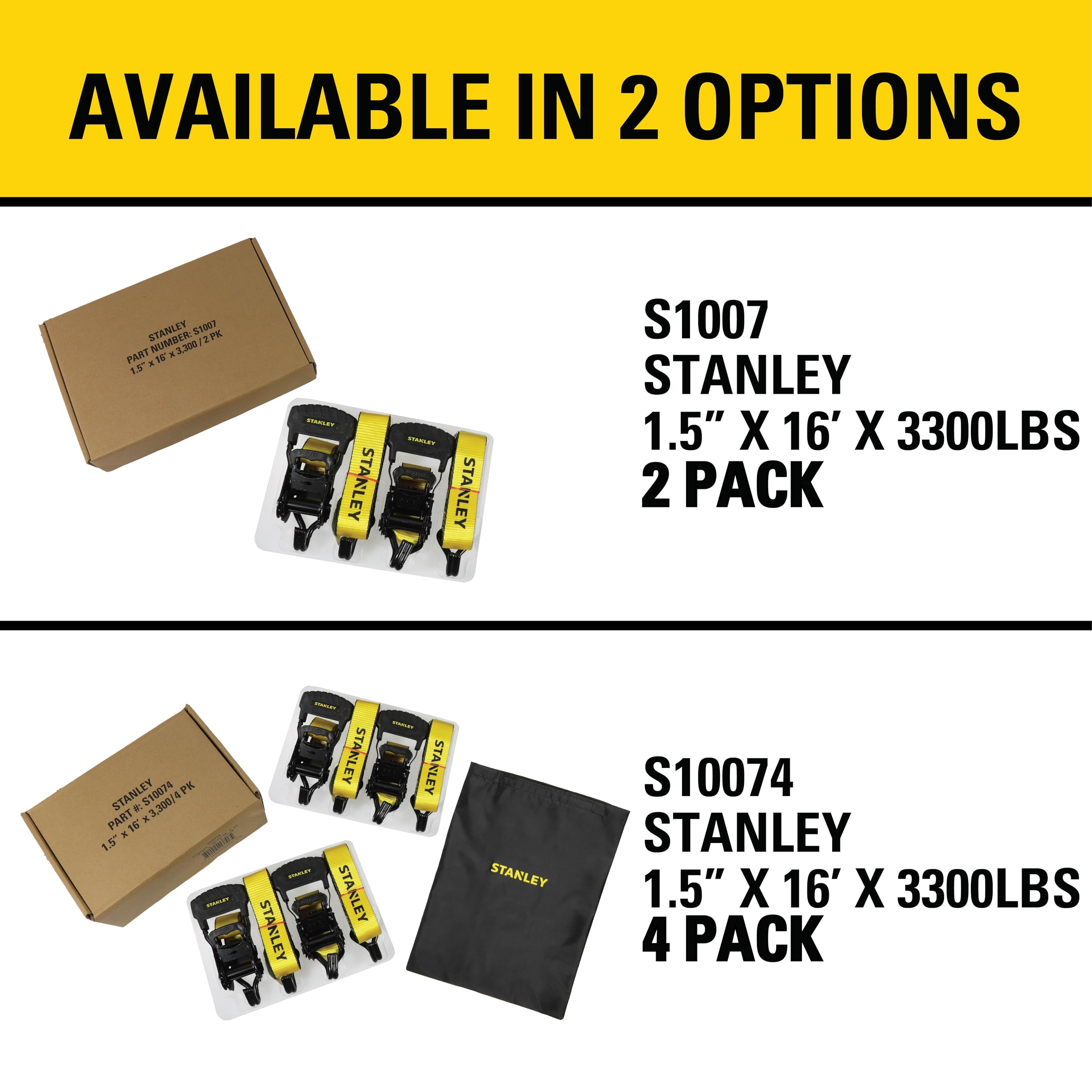 STANLEY etiqueta con especificaciones SWL 1.100 lb y resistencia a la rotura 3.300 lb