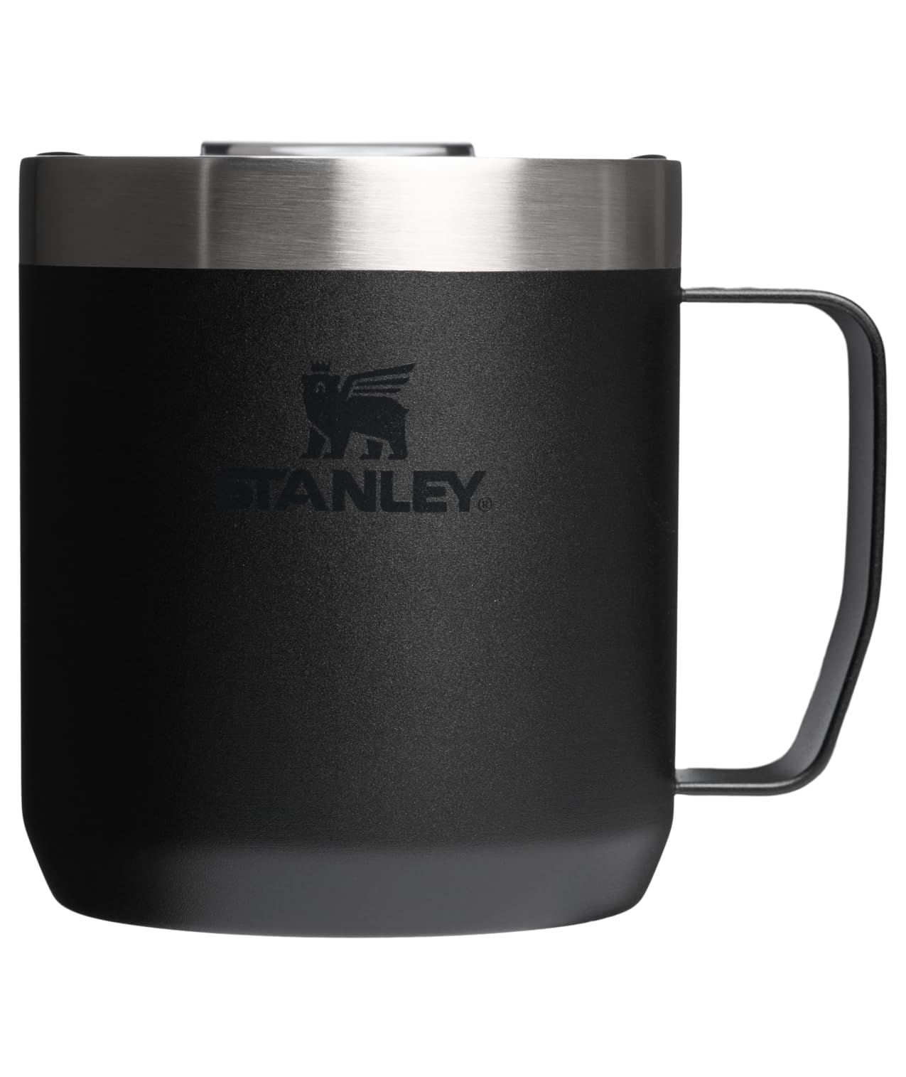 STANLEY taza frontal negra mostrando diseño robusto y fácil agarre