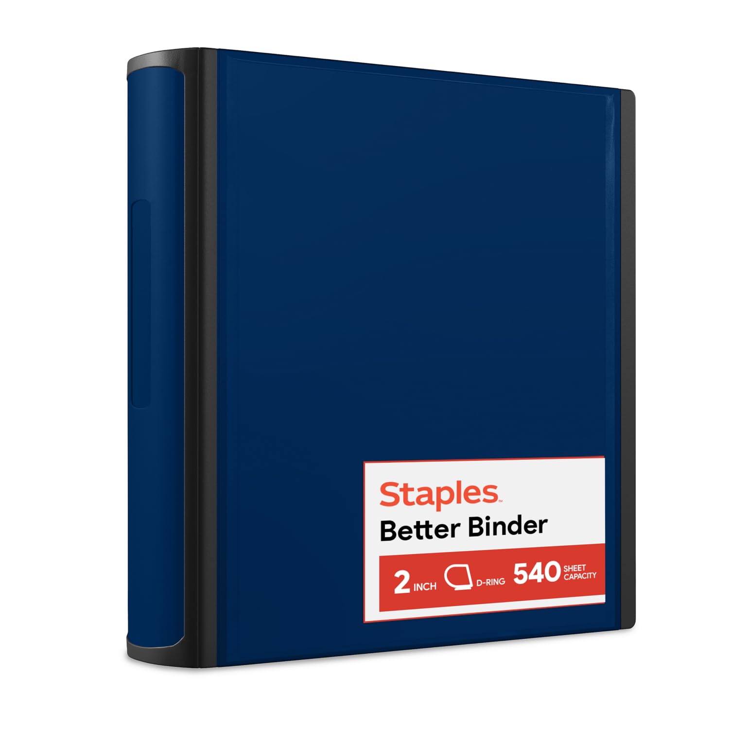 STAPLES archivador frontal azul marino mostrando diseño profesional y capacidad