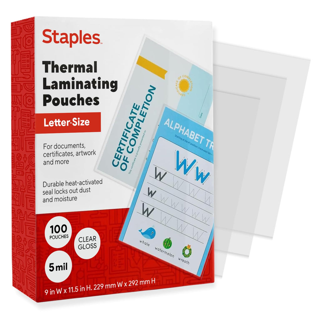 STAPLES paquete frontal de fundas térmicas, vista clara y ordenada