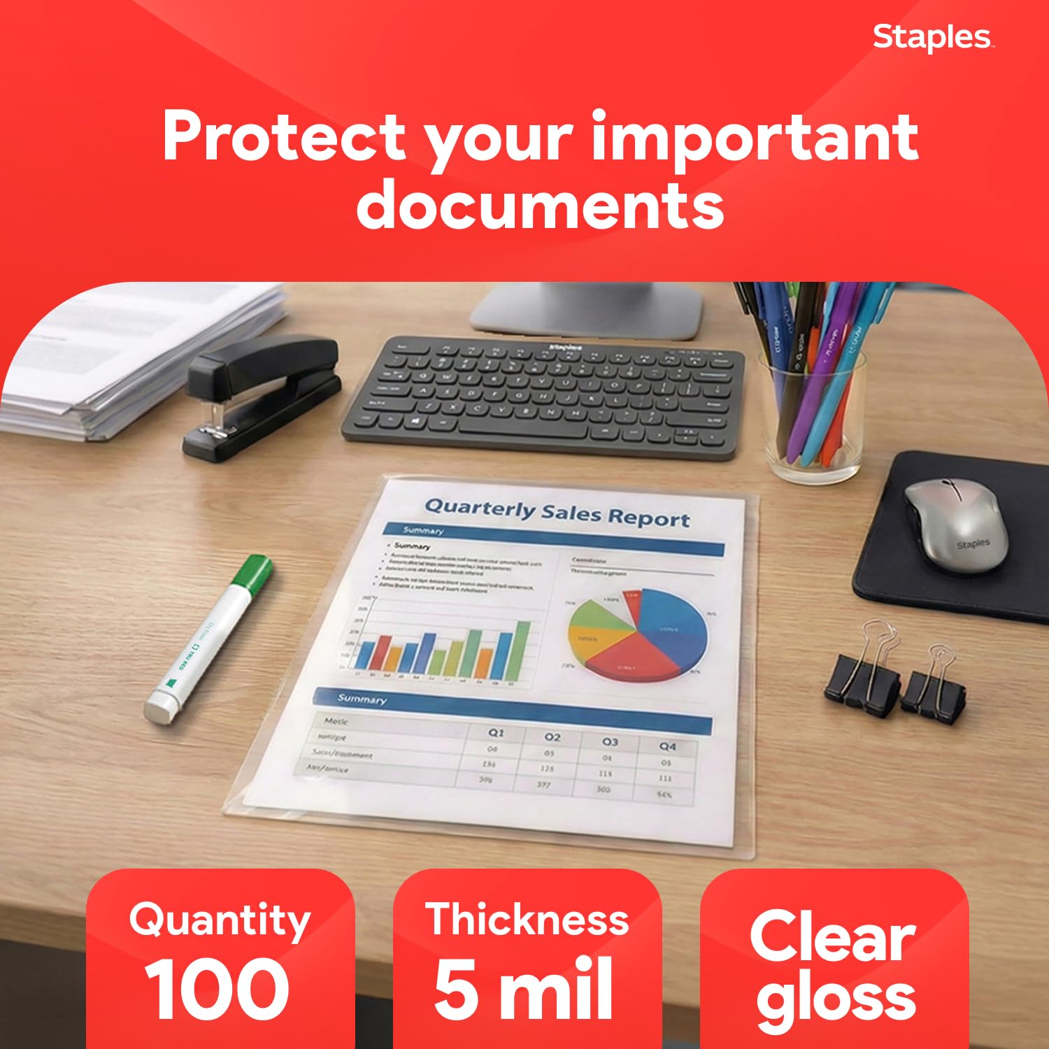 STAPLES detalle de textura y brillo de la funda con protección visible