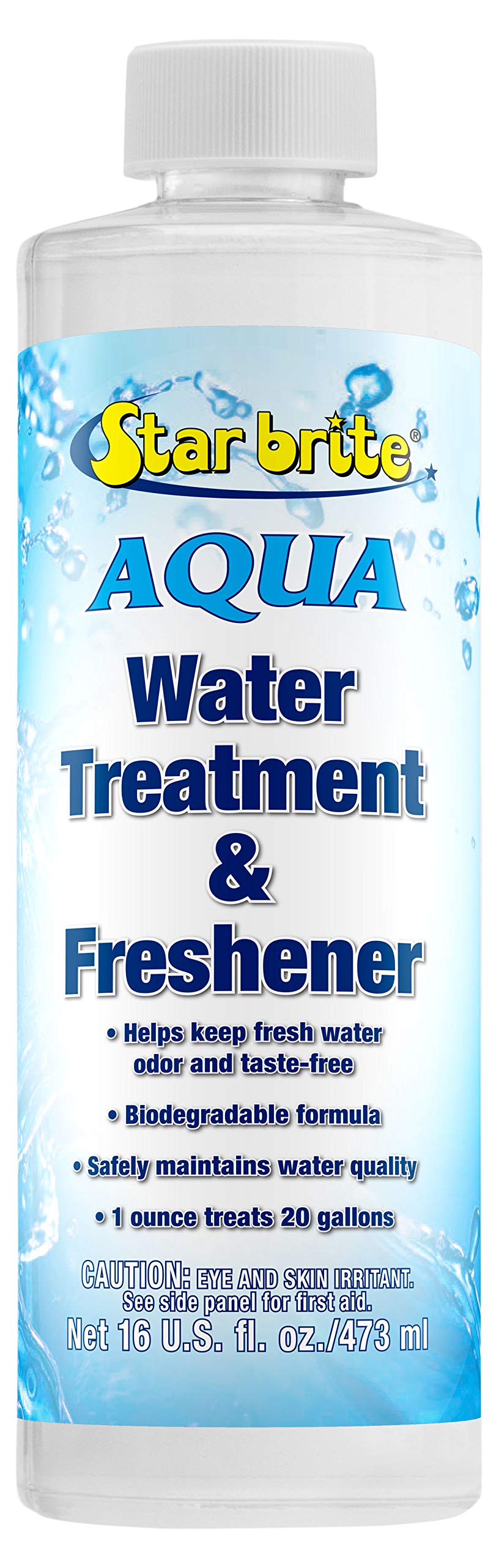 STAR BRITE AQUA frasco frontal mostrando etiqueta y dosificación para agua fresca
