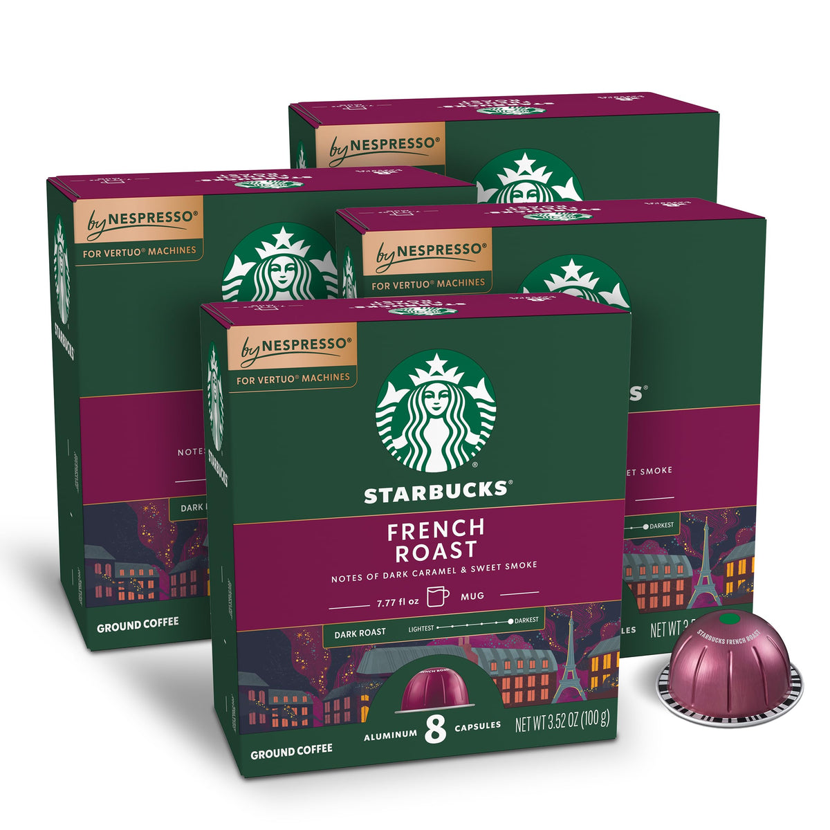 Starbucks cápsulas Vertuo empaquetado frontal mostrando 32 unidades y conveniencia