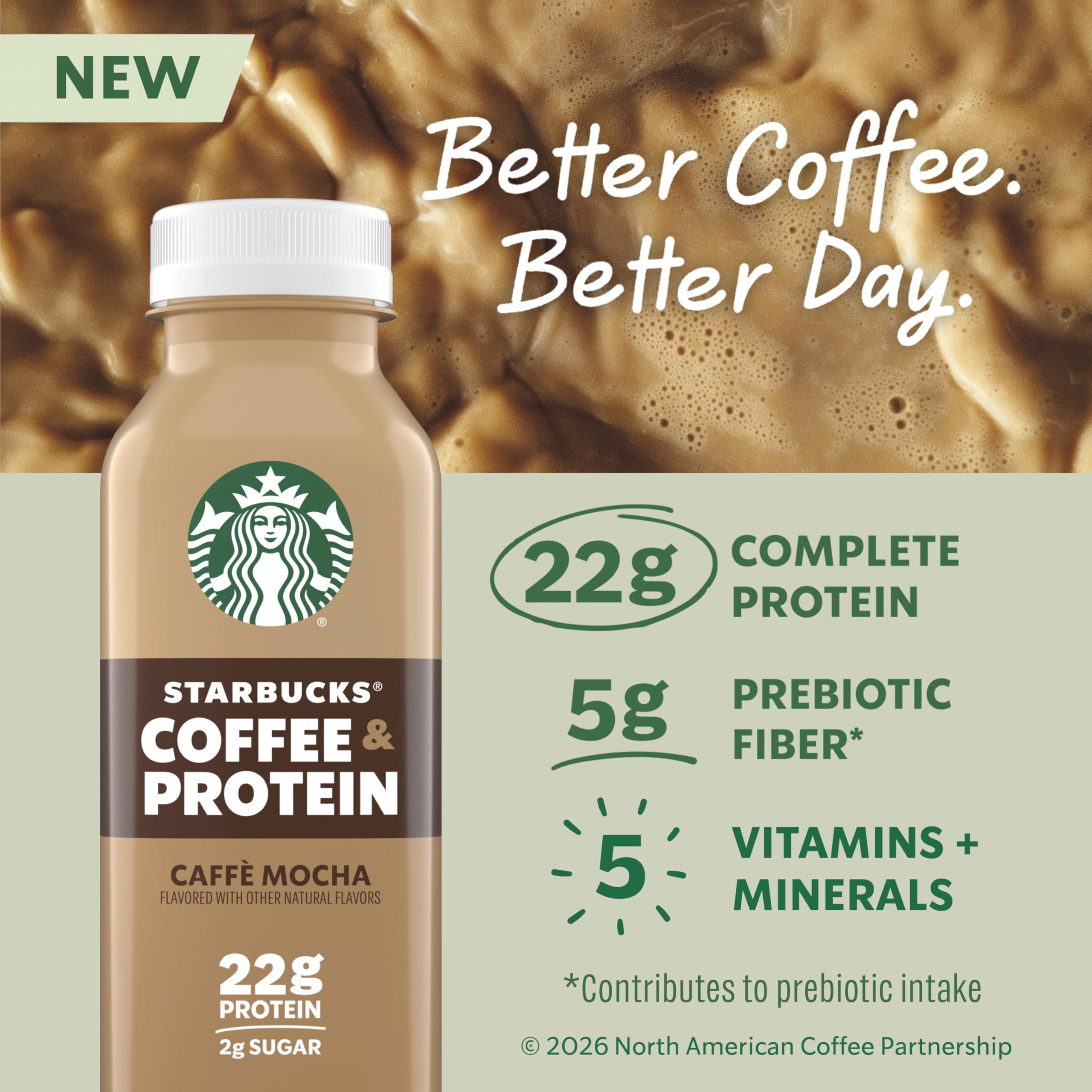 Starbucks Caffe Mocha botella abierta servida en un vaso, práctica recarga proteica inmediata