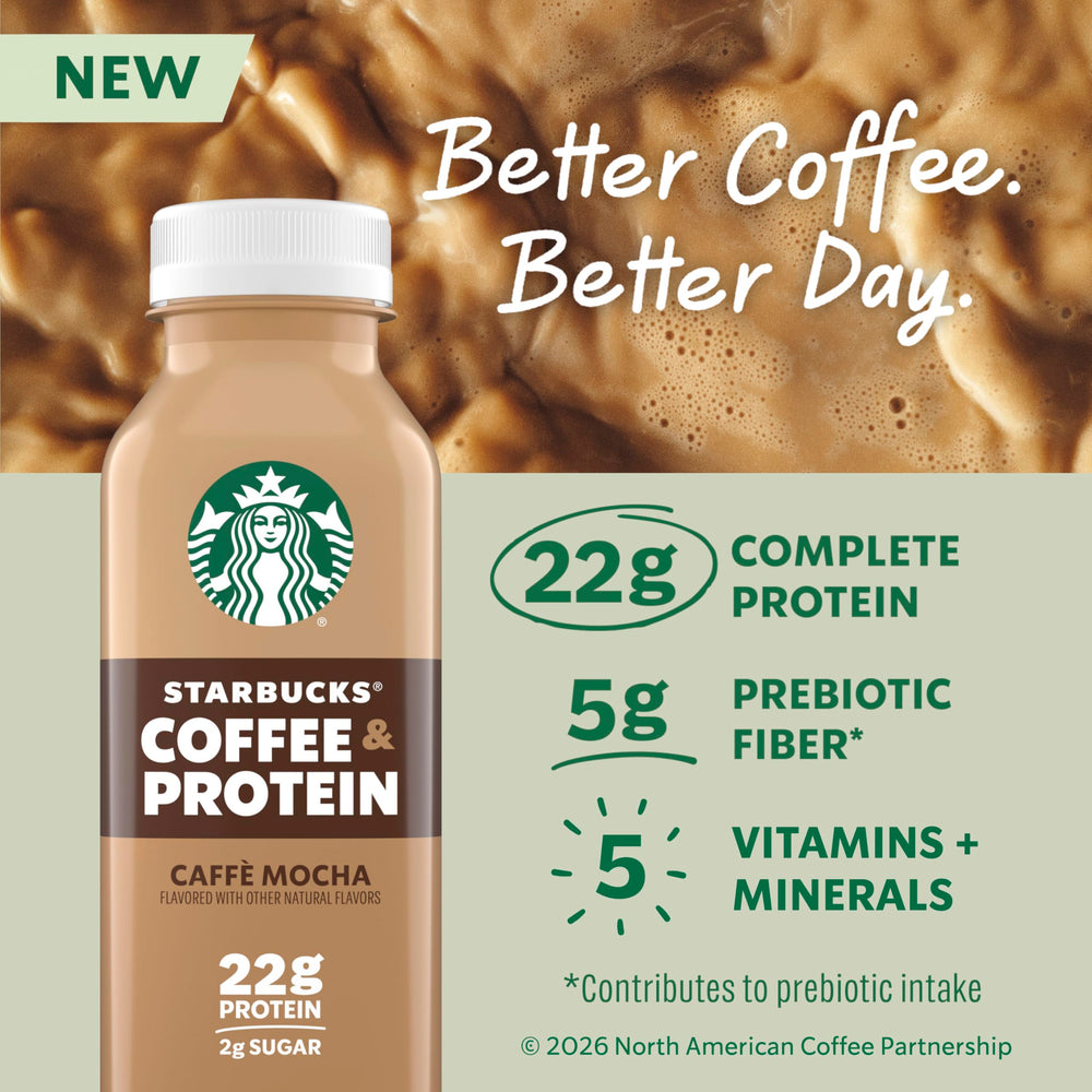 Starbucks Caffe Mocha botella abierta servida en un vaso, práctica recarga proteica inmediata