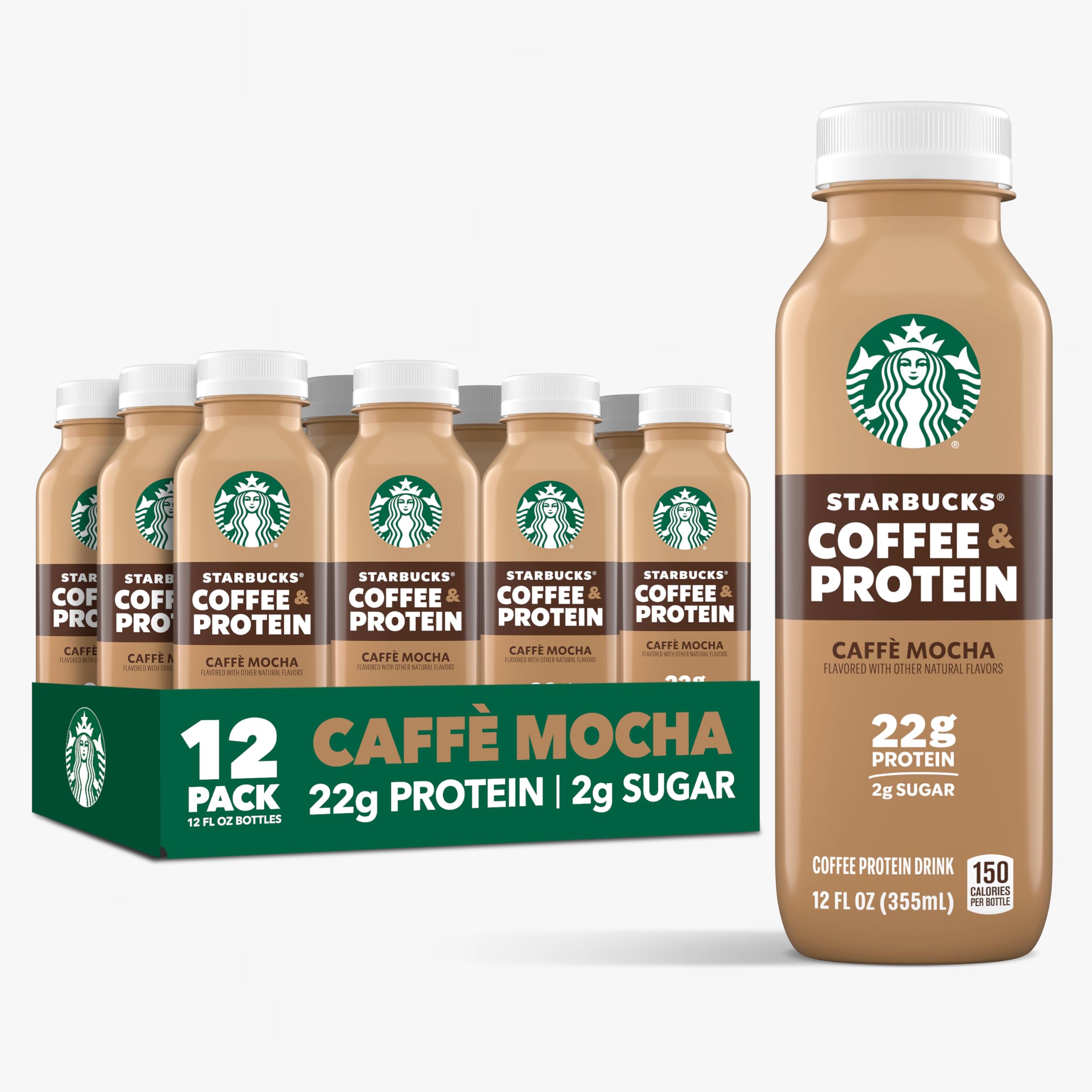 Starbucks Caffe Mocha frente del pack de 12 botellas, conveniente y listo para llevar
