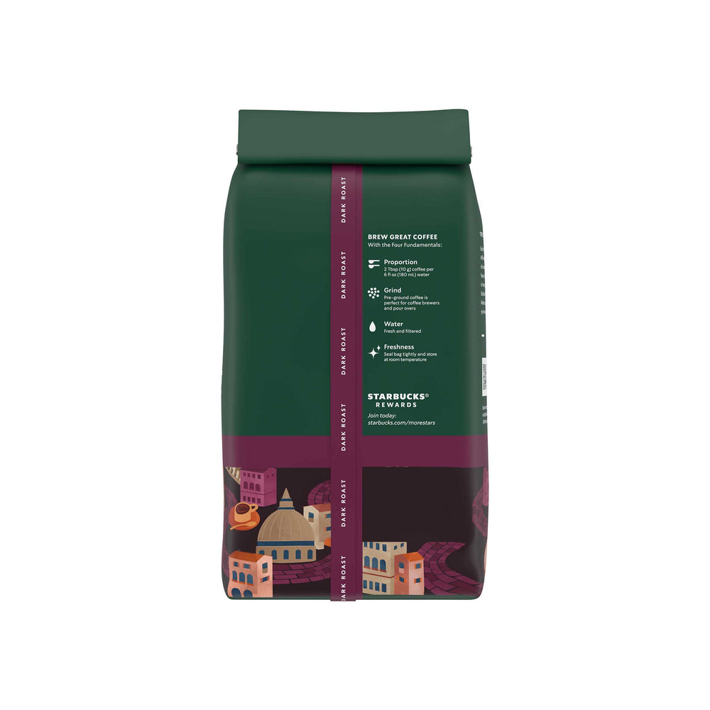 Starbucks Italian Roast comparativa de una bolsa de 12 oz para referencia de tamaño