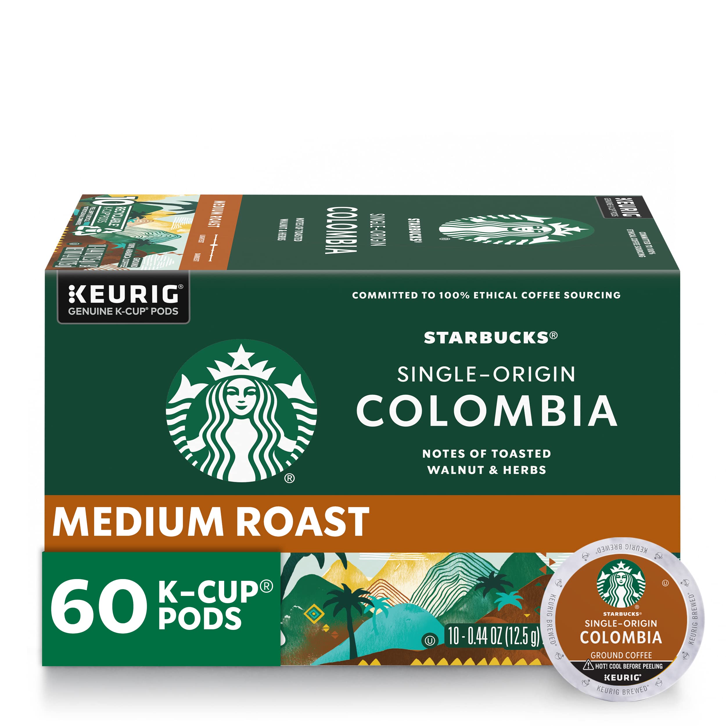 Starbucks paquete frontal de K-Cup Colombia mostrando 60 cápsulas y conveniencia