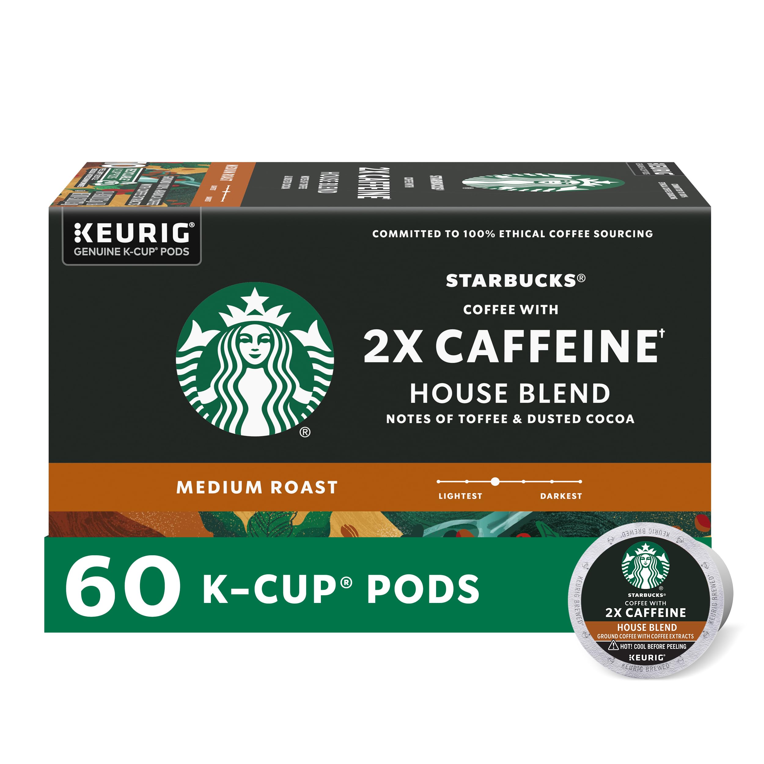 Starbucks K-Cup frente del paquete mostrando la marca y beneficio energizante
