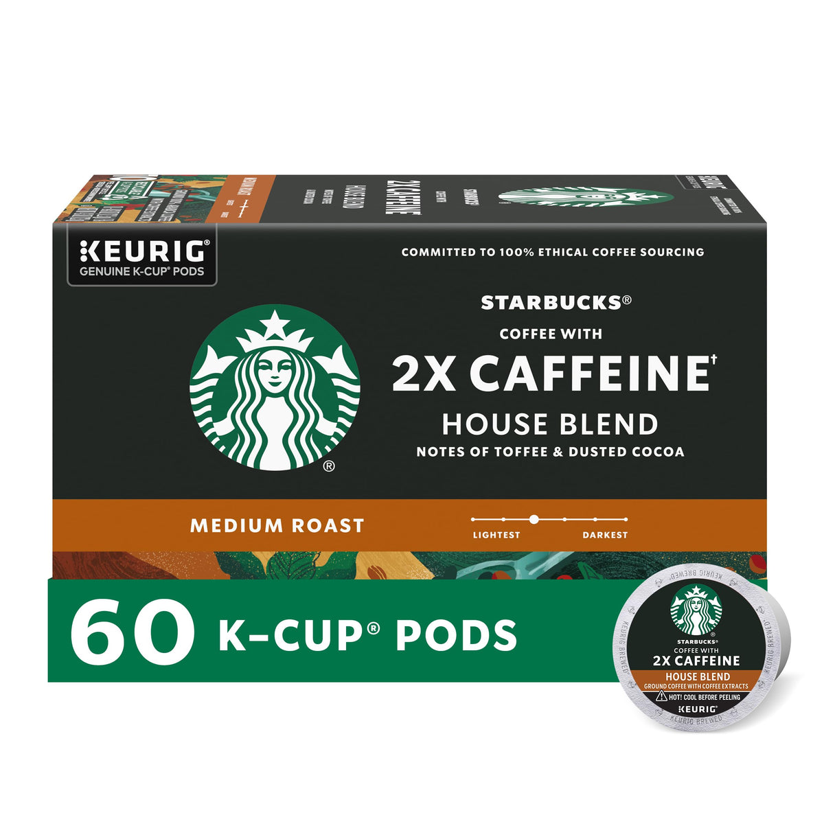 Starbucks K-Cup frente del paquete mostrando la marca y beneficio energizante