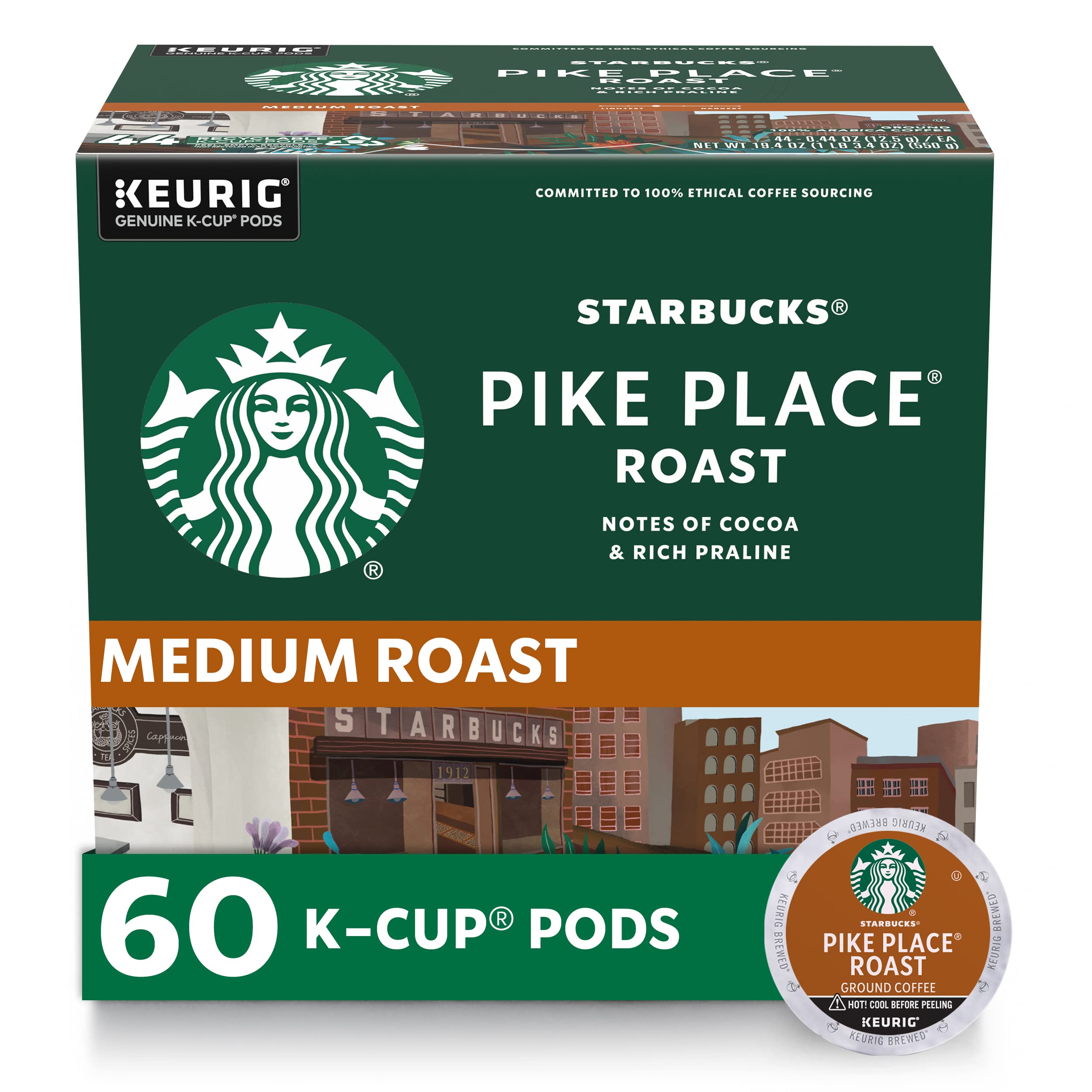 Starbucks empaque Pike Place mostrando 60 cápsulas y fácil almacenamiento