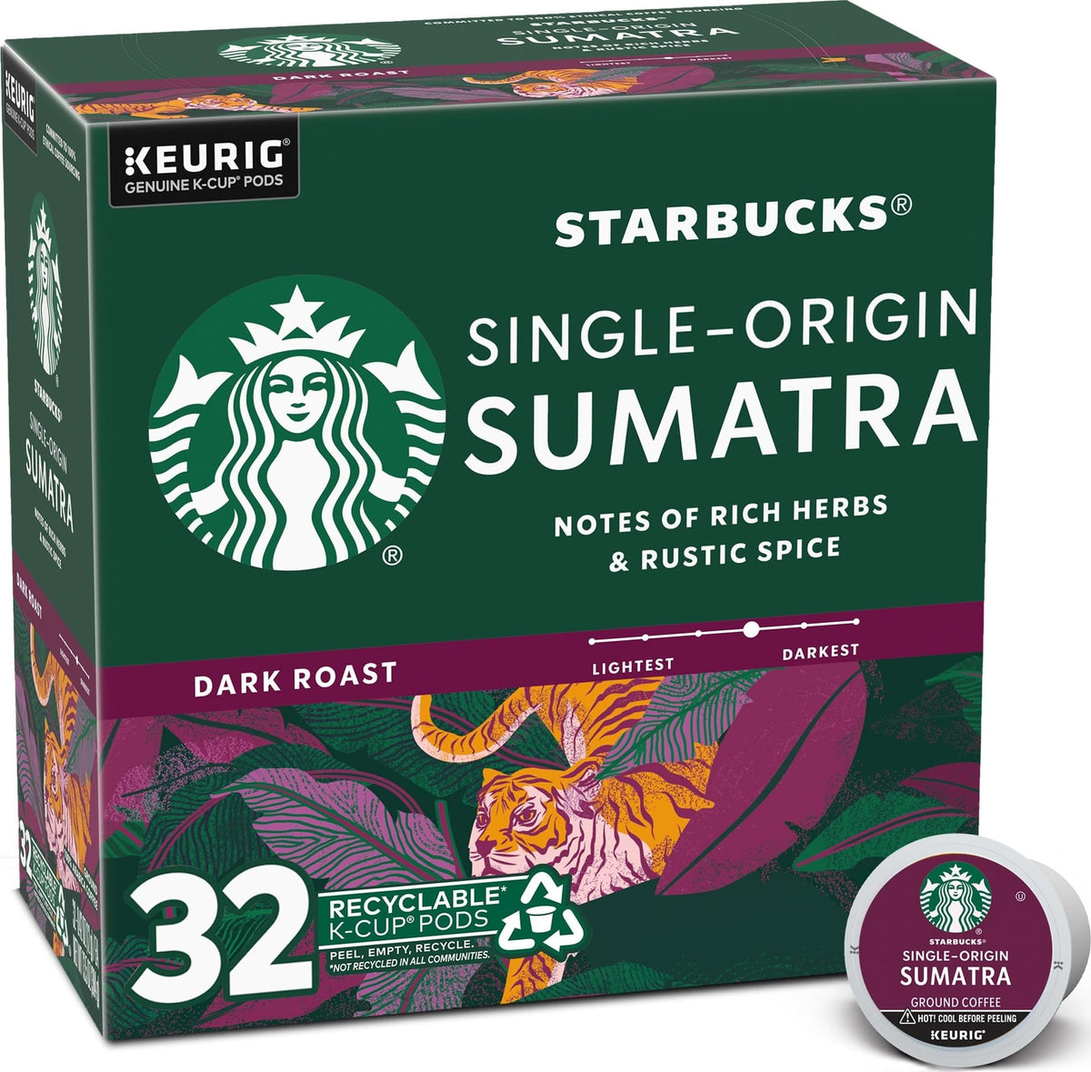 Starbucks caja Sumatra frontal mostrando 32 cápsulas y conveniencia