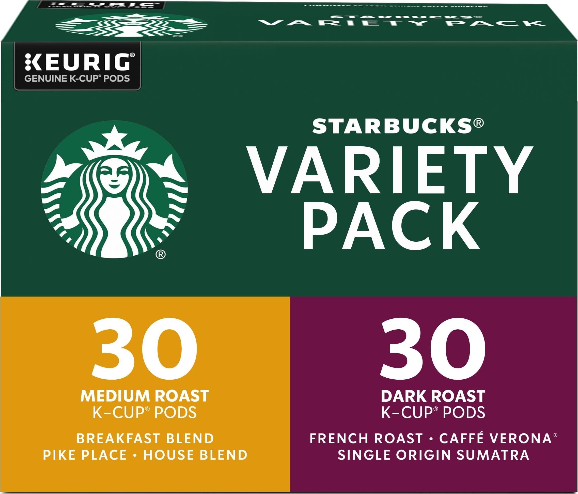 Starbucks pack frontal mostrando las seis variedades y beneficio de elección