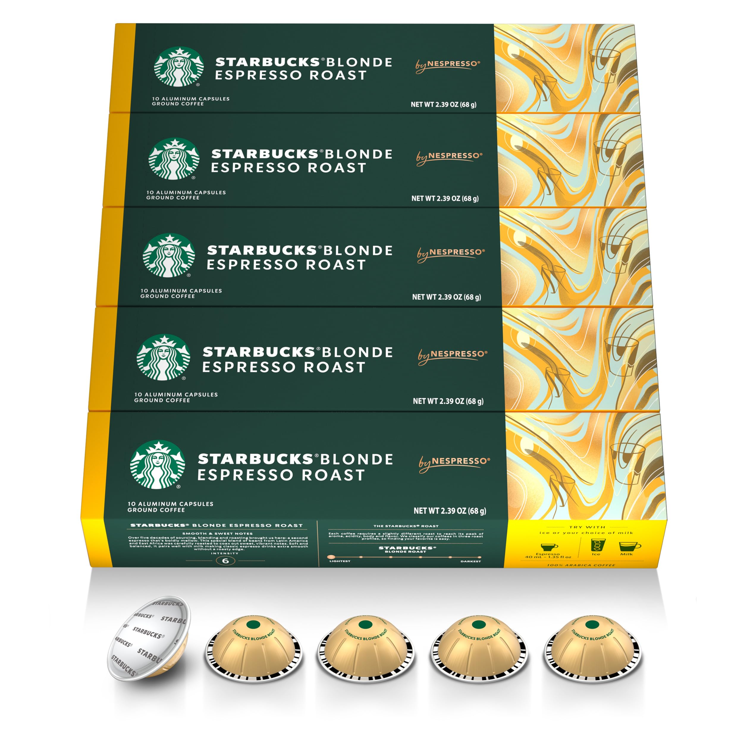 Starbucks cápsulas Vertuo Blonde empaque frontal mostrando 50 unidades y conveniencia