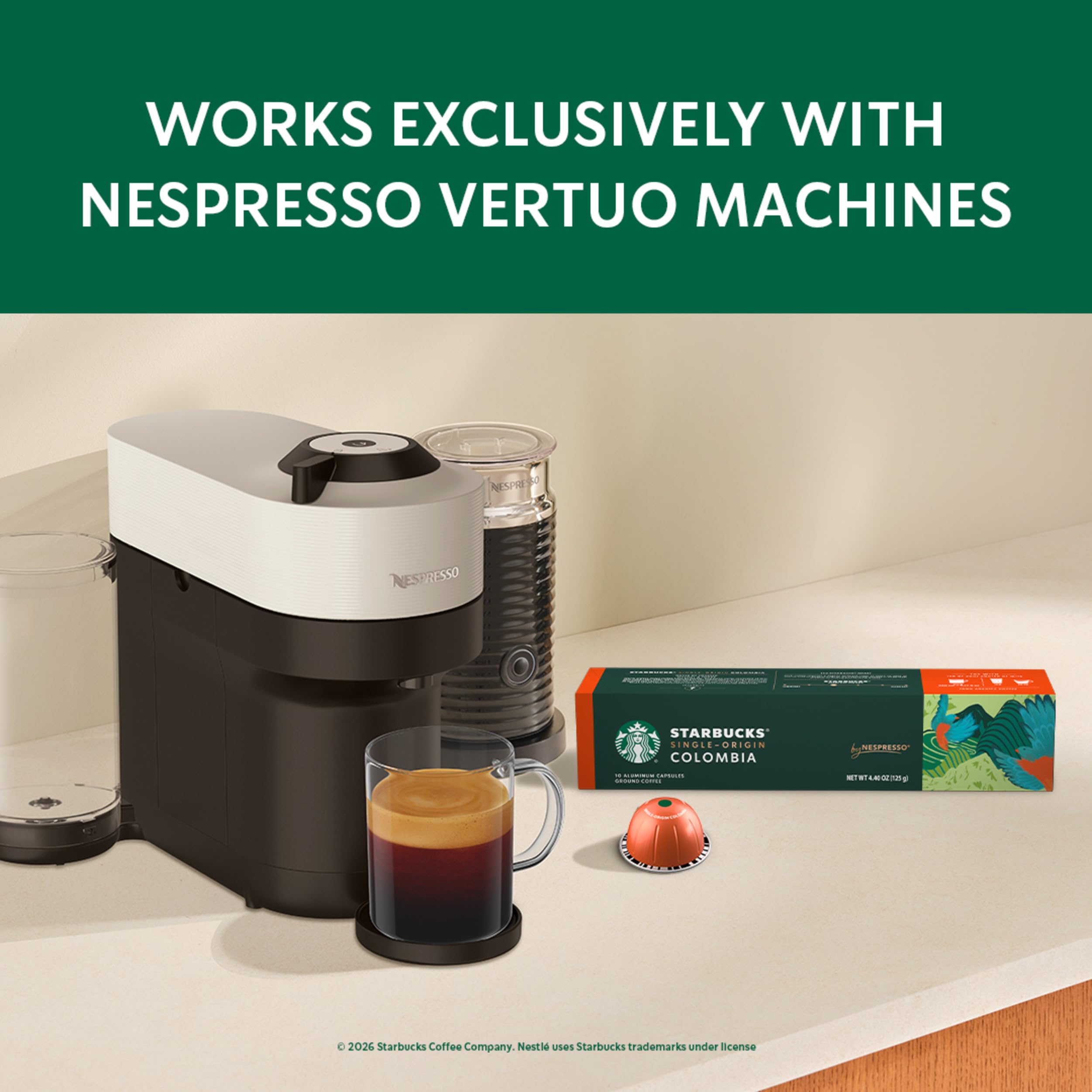 Granos 100% Arábica Colombia junto a cápsula Starbucks destacando origen
