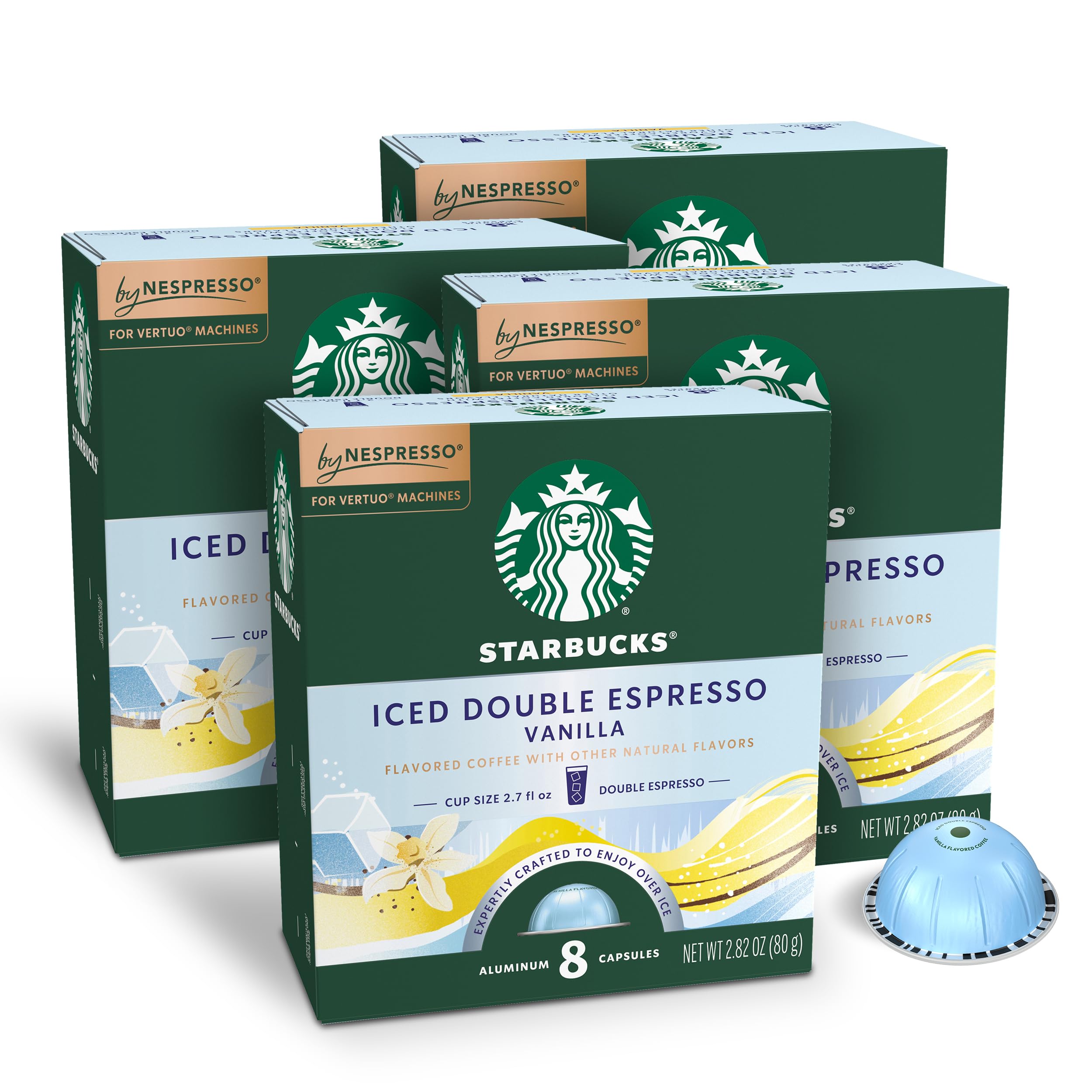 Starbucks cápsulas Vertuo embalaje frontal mostrando 32 unidades y conveniencia
