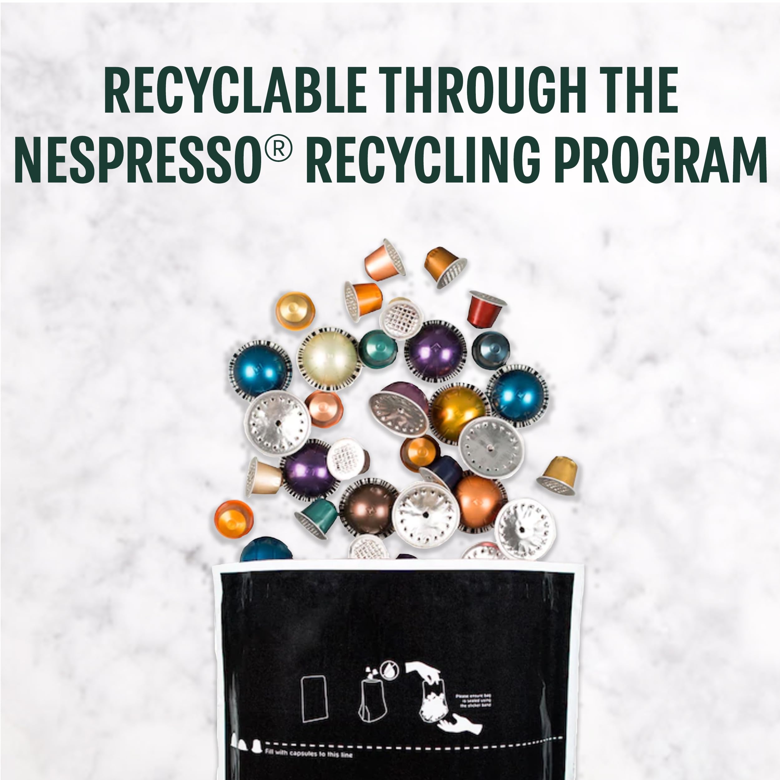 Starbucks cápsulas Vertuo junto a contenedor de reciclaje promoviendo sostenibilidad