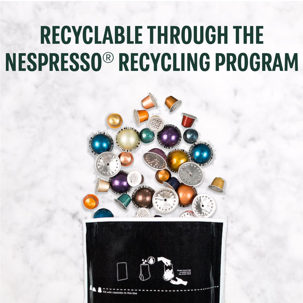 Starbucks cápsulas Vertuo junto a contenedor de reciclaje promoviendo sostenibilidad