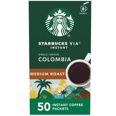 Starbucks VIA empaque frontal mostrando 50 sobres y conveniencia inmediata