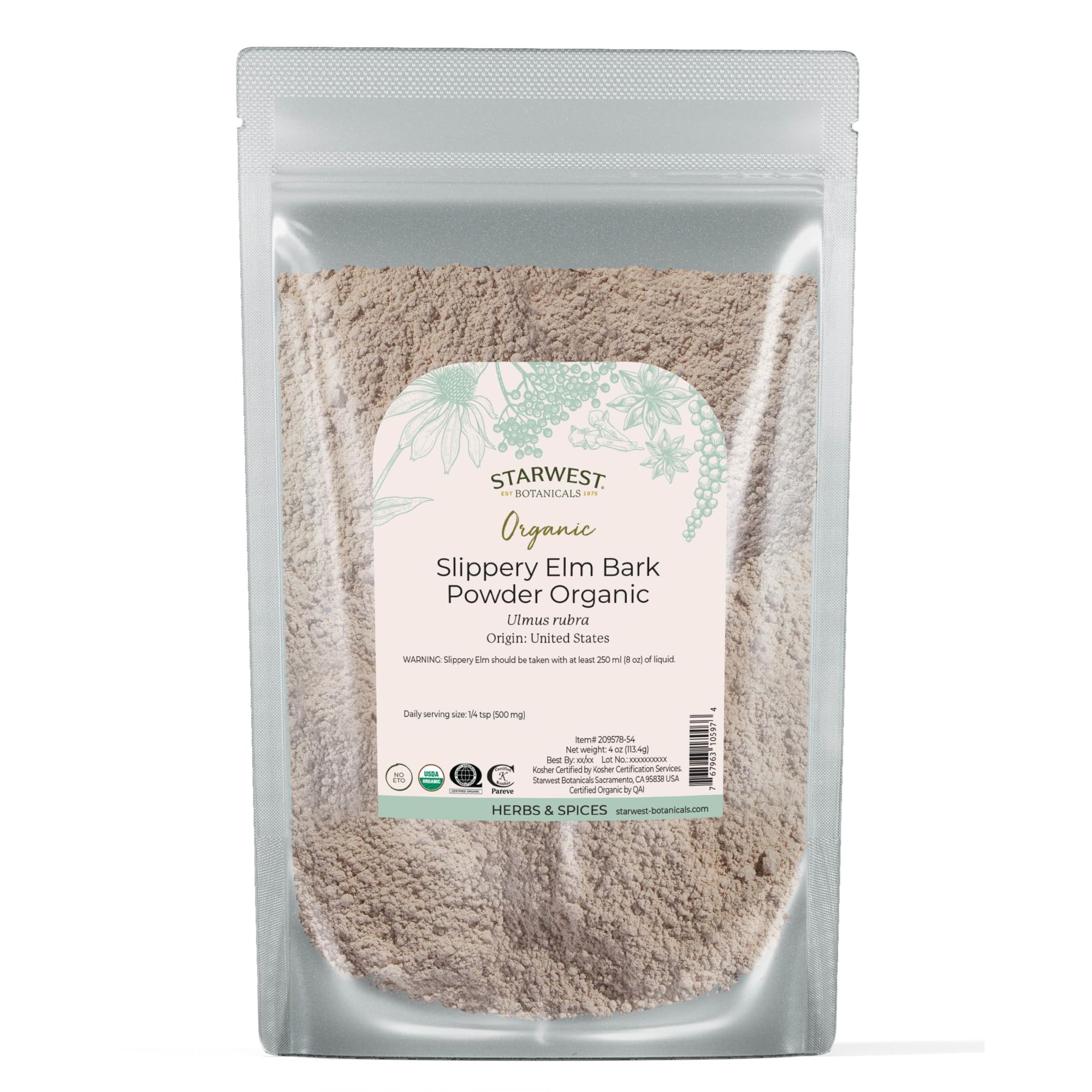 Starwest Botanicals frente del paquete mostrando bolsa de 4 oz y sello orgánico