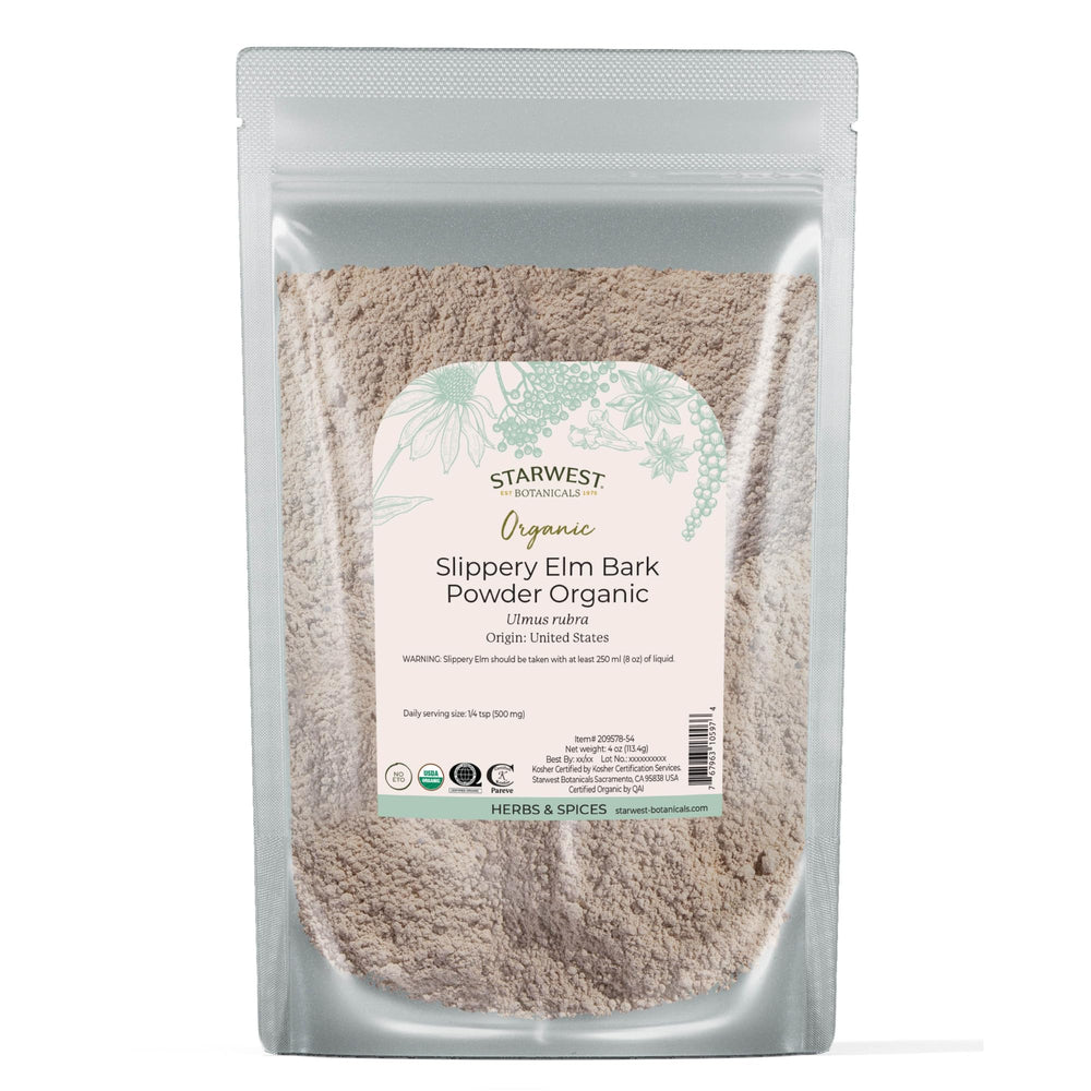 Starwest Botanicals frente del paquete mostrando bolsa de 4 oz y sello orgánico