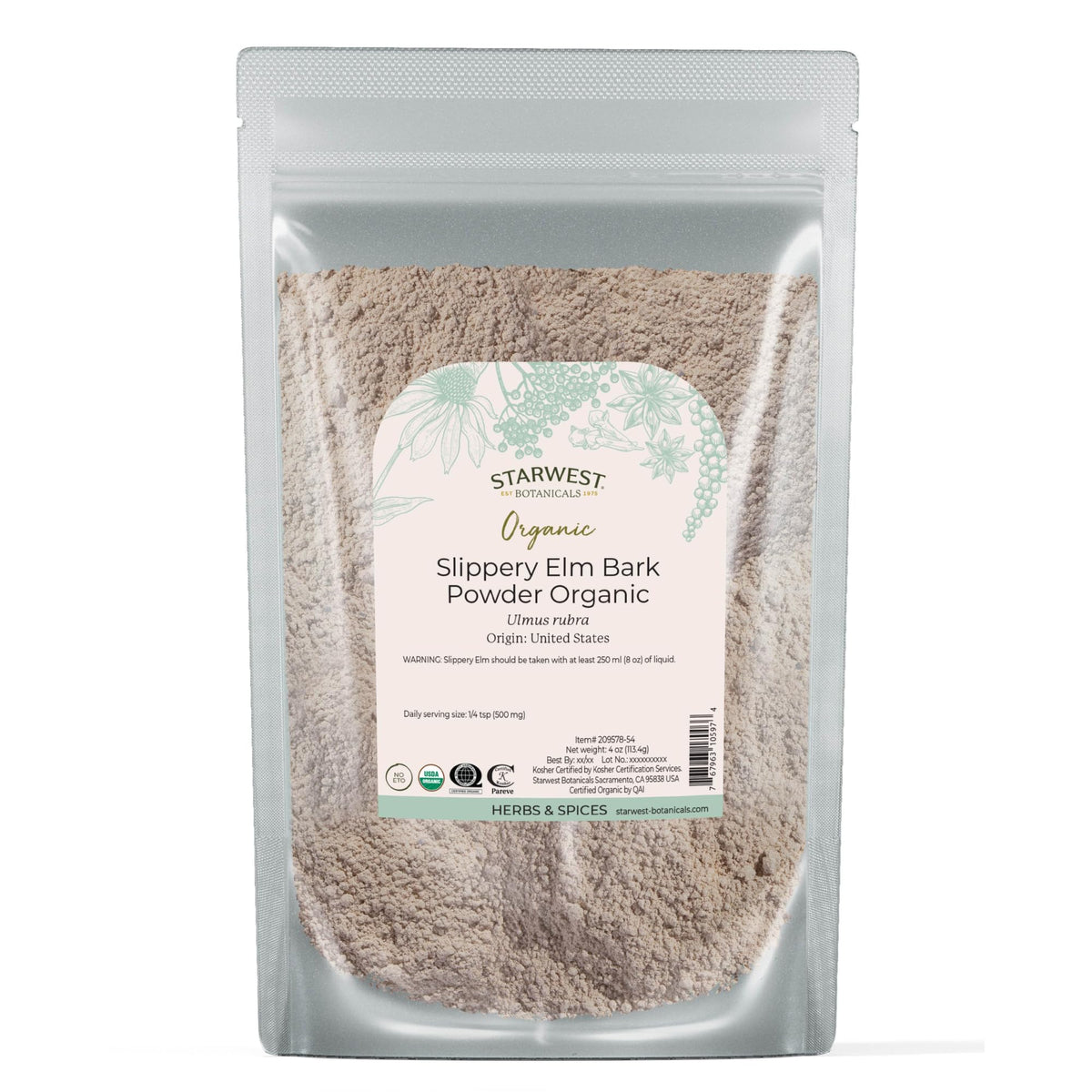 Starwest Botanicals frente del paquete mostrando bolsa de 4 oz y sello orgánico