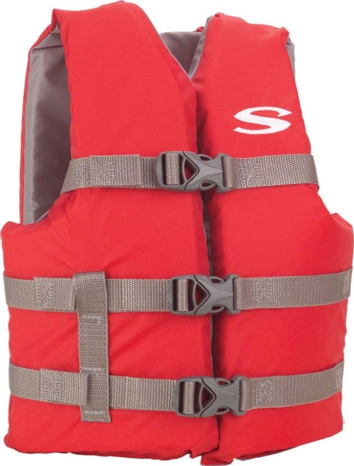 Stearns chaleco infantil frontal rojo en modelo mostrando ajuste seguro y alta visibilidad