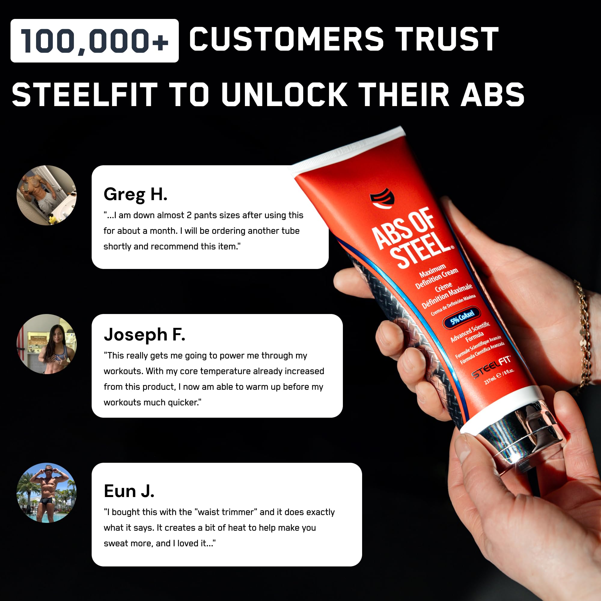 SteelFit etiqueta con lista de ingredientes y beneficios visibles
