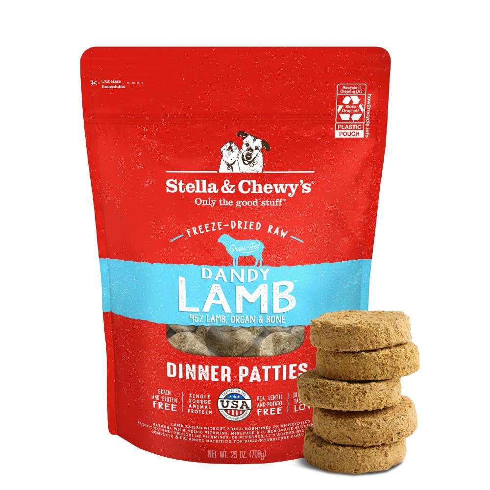 Stella & Chewy's paquete frontal mostrando patties y beneficios naturales