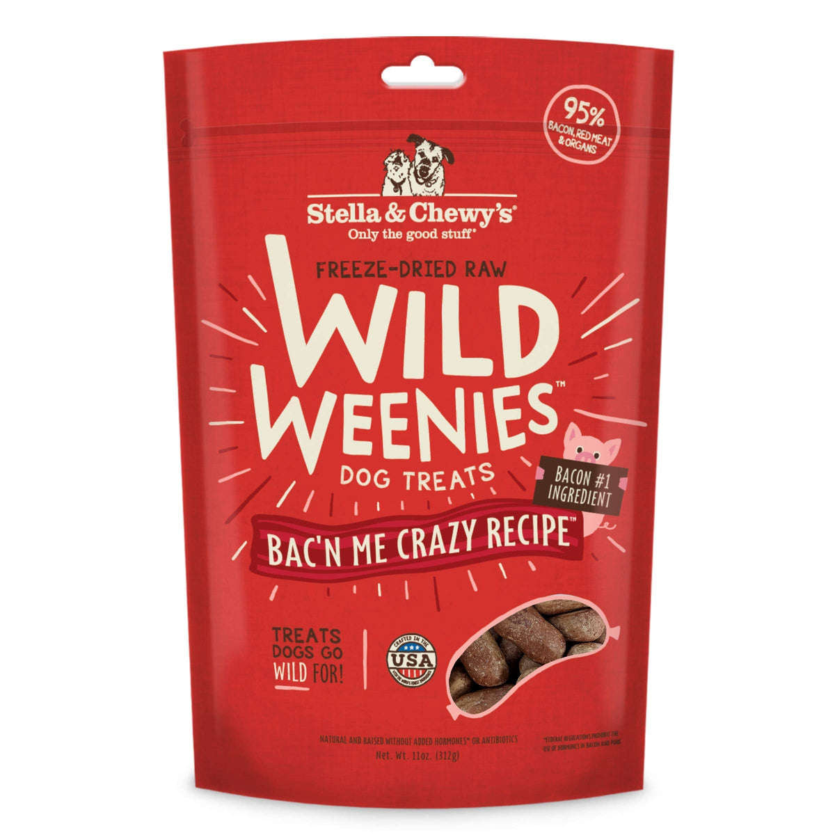 Stella & Chewy's envase frontal Wild Weenies Bacon mostrando diseño y beneficio práctico