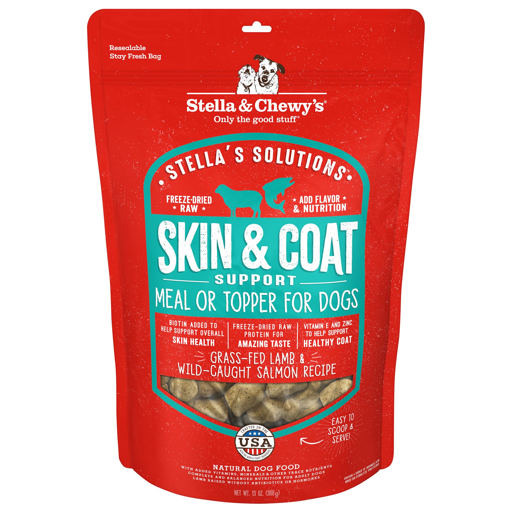Stella & Chewy's frente del paquete mostrando fórmula Skin & Coat y beneficios visibles