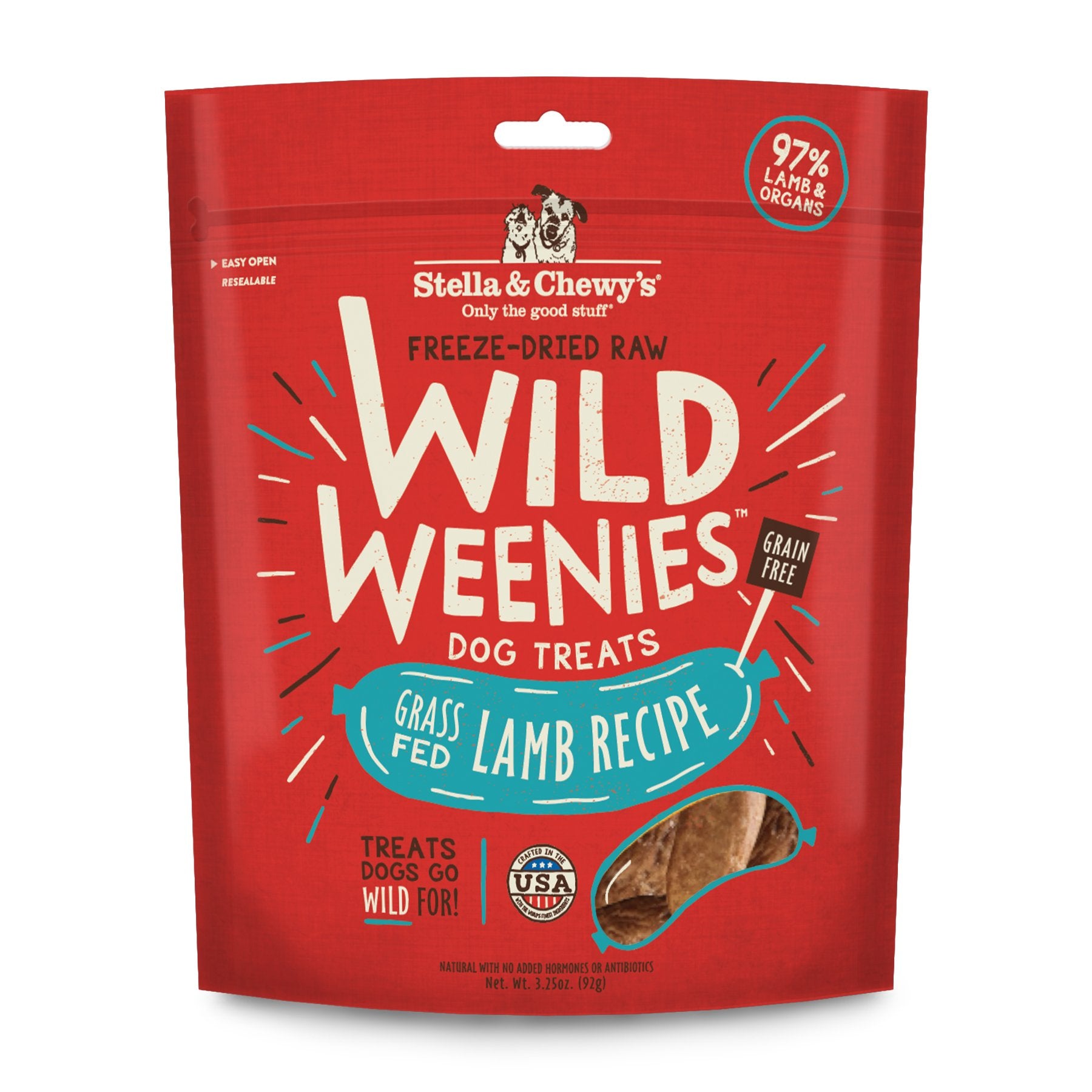 Stella & Chewy's paquete frontal Wild Weenies muestra ingredientes principales