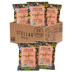 Stellar Snacks empaque frontal mostrando logo y información, conveniente para almacenamiento