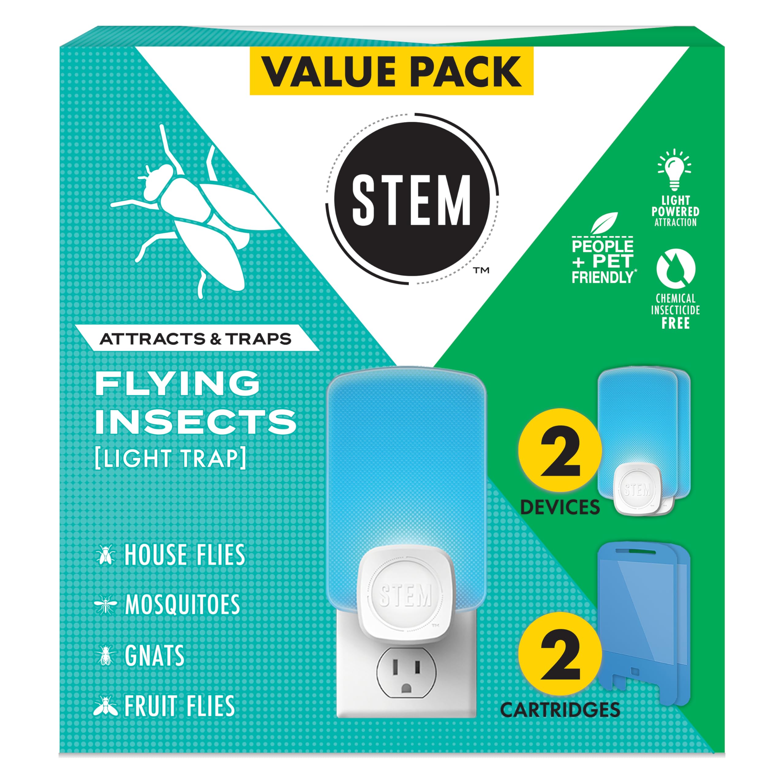 STEM product front packaging showing two plug-in traps and cartridges for quick setup