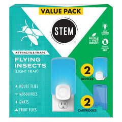 STEM product front packaging showing two plug-in traps and cartridges for quick setup