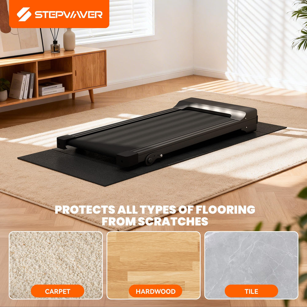 Stepwaver alfombra desplegada sobre suelo de madera protege acabado