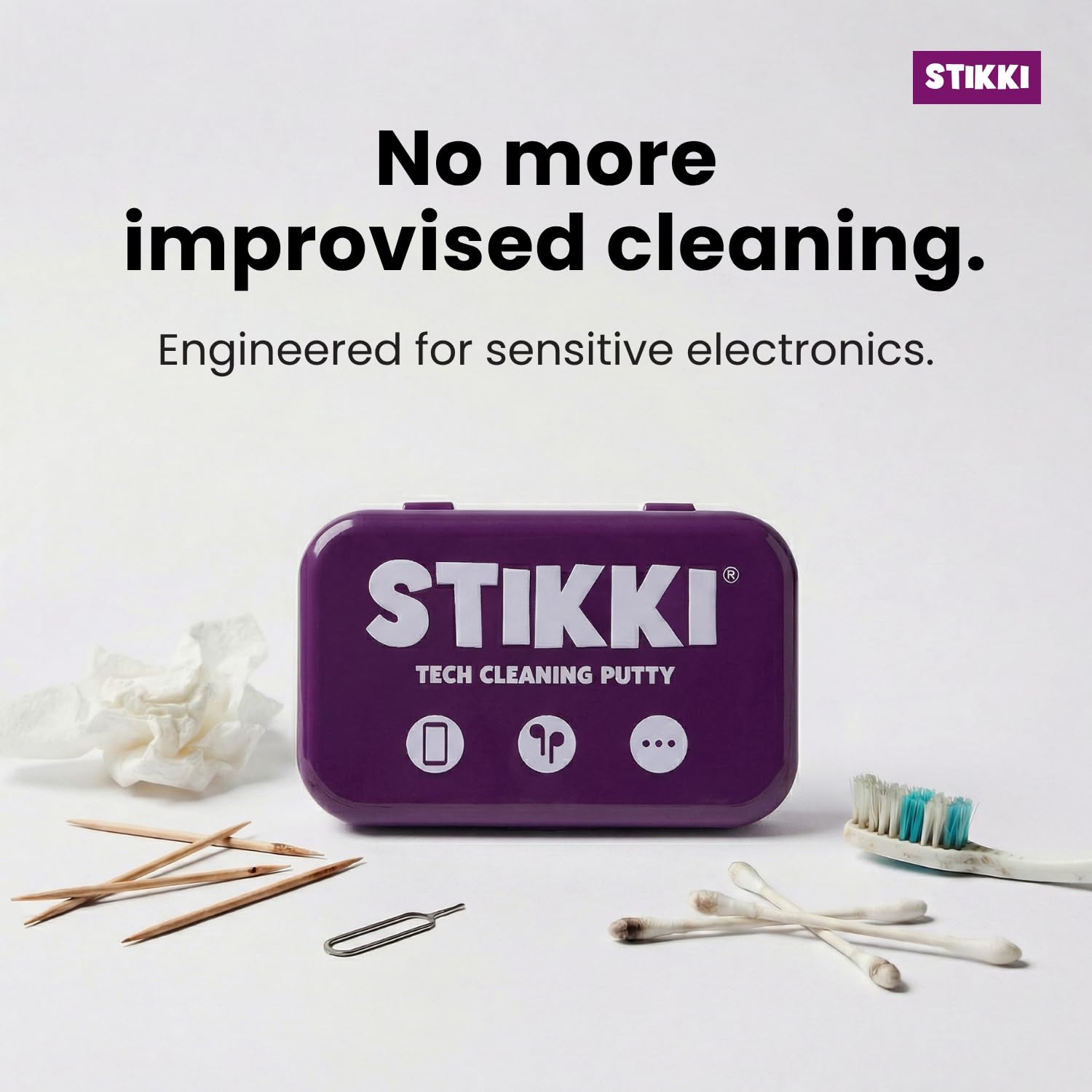 STIKKI herramienta limpiando AirPods, mejora la higiene y calidad de sonido